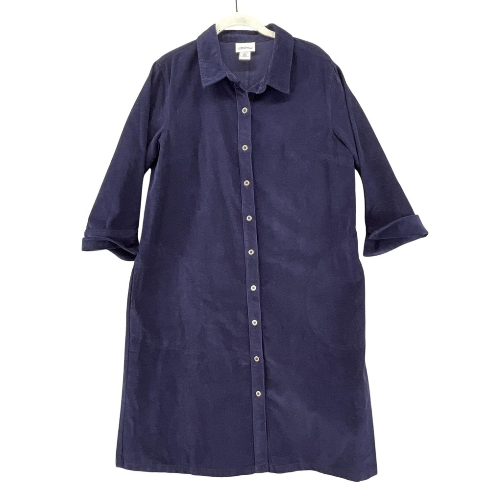 Vermont Country Store Corduroy Shirt Dress Womens M Blue 3/4 Sleeve Pockets